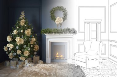 Eskiz, şöminesi ve hediyeli bir Noel ağacı olan koyu mavi bir oturma odasına dönüşüyor. Şöminenin yanında sehpası olan rahat bir koltuk. 3d hazırlayıcı