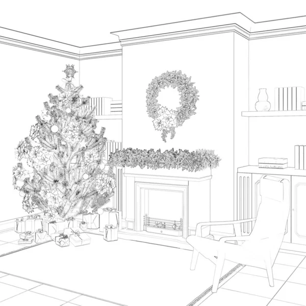 Noel Içinde Süslenmiş Bir Noel Ağacı Şöminenin Yanında Hediyeler Rahat — Stok fotoğraf