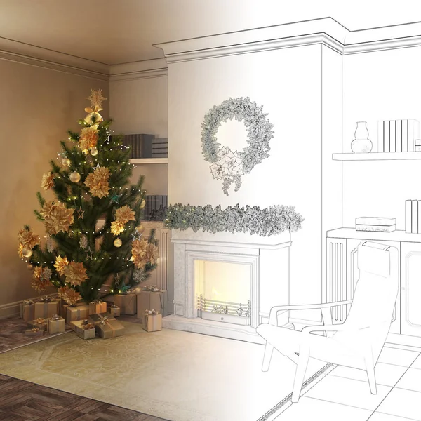 Boceto Convierte Verdadero Interior Navidad Con Árbol Navidad Decorado Regalos — Foto de Stock