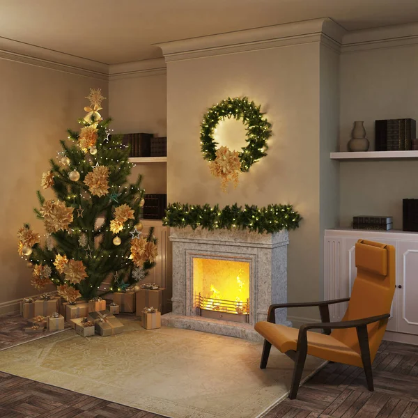 Interior Navidad Con Árbol Navidad Decorado Regalos Junto Chimenea Silla — Foto de Stock