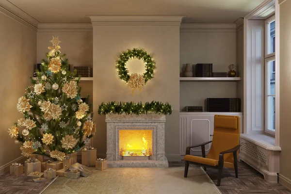 Acogedor Interior Año Nuevo Con Regalos Bajo Elegante Árbol Navidad — Foto de Stock