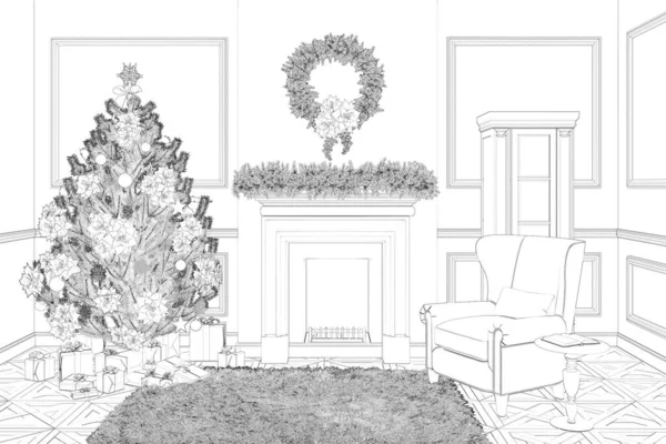 Sketch of the living room with a fireplace and Christmas tree with gifts. A cozy armchair with a coffee table next to the fireplace. A Christmas wreath hangs on the wall above the fireplace. 3d render