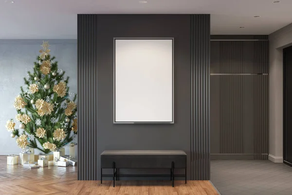 Gri bir pouf 'un üzerinde metal çerçeveli dikey bir poster olan modern giriş koridoru. Hediyeli Noel ağacı, arka planda giriş kapısı olan gardırop var. 3d hazırlayıcı