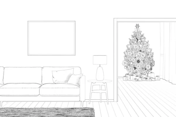 Arkasında Hediyeler Olan Noel Ağacı Olan Boş Bir Odanın Çizimi — Stok fotoğraf