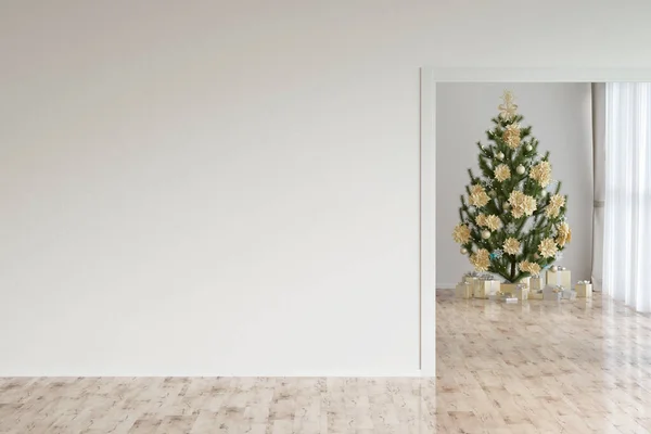 Boş Bir Oda Işıklı Bir Duvar Arkasında Hediyeler Olan Noel — Stok fotoğraf