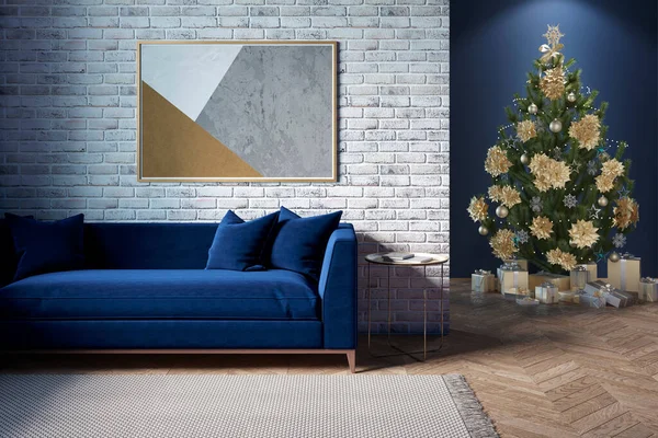 Duvarında Yatay Bir Poster Olan Modern Oturma Odası Rahat Mavi — Stok fotoğraf