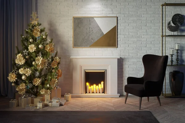 Christmas interior with a decorative fireplace with burning candles, a cozy armchair, a Christmas tree with gifts. A horizontal poster hangs on a brick wall above the fireplace. 3d render