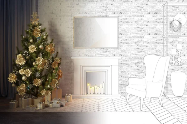 Boceto Convierte Verdadero Interior Navidad Con Una Chimenea Decorativa Con — Foto de Stock