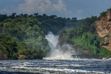 Nil 'in akışı Murchison Şelaleleri' nden geçiyor. Uganda 'da ünlü bir şelale. Bir tekneden Murchison Şelalesi manzarası.