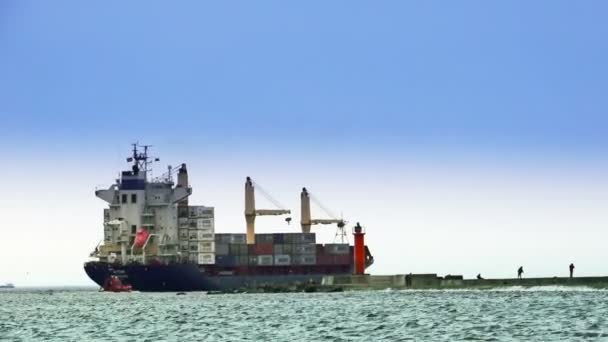 Containerschiffe für den Seeverkehr. Pilot. Leuchtturm. — Stockvideo