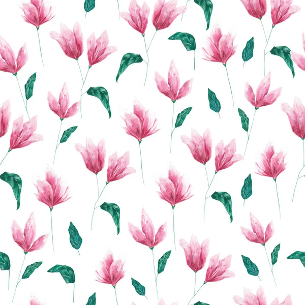 Acrylic bstract pink flowers on white background seamless pattern. Beautiful hand drawn botanical print for textile, fabric, wallpaper, wrapping paper, decoration and design.