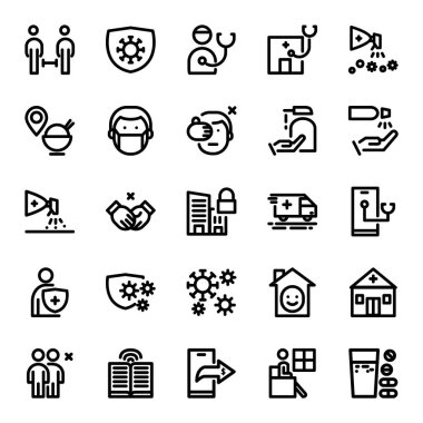 Corona virüsü hakkında ikon koleksiyonu. Çeşitli boyutlara dönüştürülebilir. Vektör dosya biçimi ve mobil ve web sitesi için uyumlu