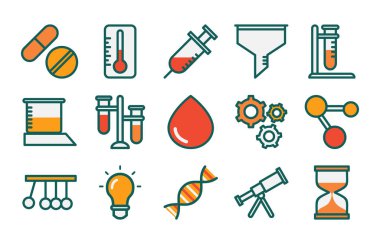 Bilim ve laboratuarlarla ilgili ikonların toplanması. Çeşitli boyutlara dönüştürülebilir. Vektör dosya biçimi ve mobil ve web sitesi için uyumlu