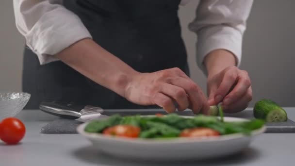 Una chef hace una ensalada de verduras. Las manos sirven comida. — Vídeo de stock