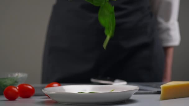Haciendo una ensalada. Las hojas de espinacas verdes caen lentamente en el plato. El trabajo de una cocinera en cocina de restaurante. — Vídeos de Stock