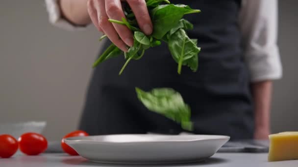 Salátát készítek. A zöld spenótlevél lassan beleesik a tányérba. Egy női séf munkája az étterem konyhájában.. — Stock videók