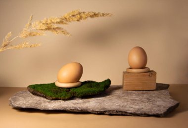 Bej arkaplanda yumurta ve doğal malzemeler