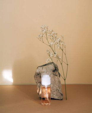 Jel ya da diğer kozmetik ürünlerle dolu kozmetik şişesi, taşlar, bej arka planda kurutulmuş bitkiler..