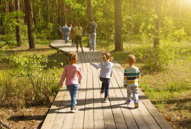Bir grup çocuk parkın güneşli bir gününde eğleniyor. Çocuklar öne koşar. Parkta başka insanlar da var..