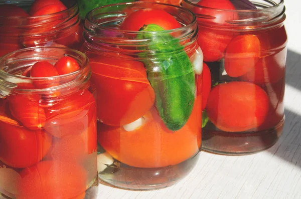 Process Canning Tomatoes Cucumbers Winter Pickled Vegetables Glass Jars Close — Stock Photo, Image