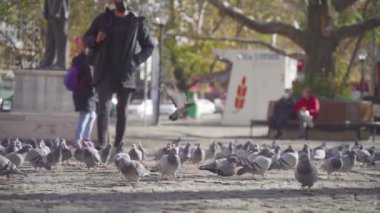 Avrupa, Corona virüsü 2019 ncov 'a bulaştı. Avrupalı adam. Covid-19 için yüz maskesi. Şehir sokağı. Salgın koronavirüs. Salgın grip koronası virüsü. 2020-Ncov için insan maskesi. Kalabalık hasta covid-19