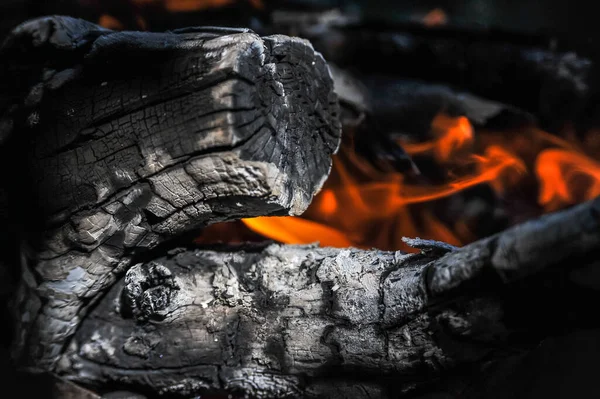 Une Pile Grumes Brûle Dans Gril Extérieur — Photo