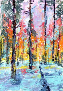 Resim akrilikten yapılmıştır. Sabahları bir kış ormanı görülür. Resmin parlak renkleri var. Doku darbeleriyle çizilmiş..