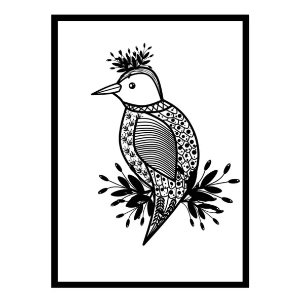 Doodle Aves Flores Arte Pared Arte Línea Blanco Negro Decoración — Archivo Imágenes Vectoriales
