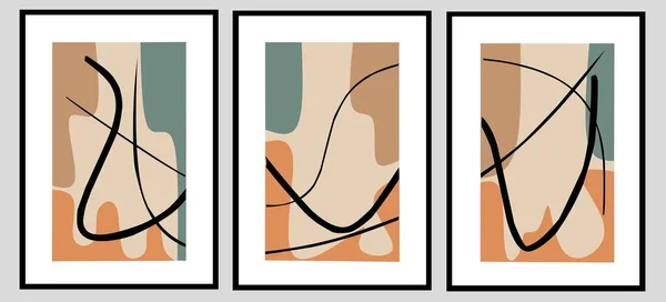 Conjunto Tres Piezas Arte Línea Abstracta Arte Pared Geométrica Decoración — Vector de stock