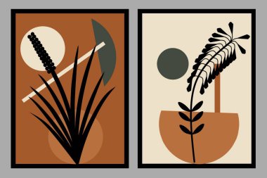 Bontanik çiçek Boho duvar sanat vektörü iki parça ayarladı. Kahverengi nötr renkli minimal duvar dekoru. Ev Dekorasyonları.