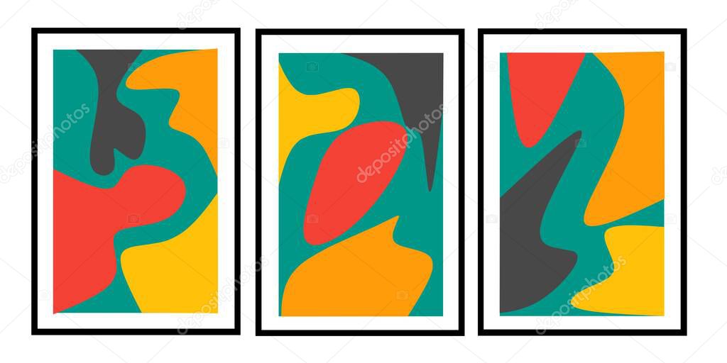 Set three pieces of abstract Vintages Geometric wall art. Retro organic shapes wall Decorations. Contemporary wall Decor home. Vector Ilustration set.