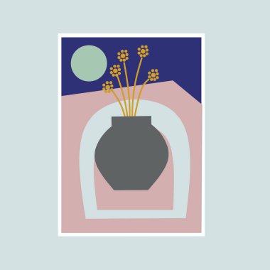 Vazo duvarındaki çiçekler. Saksı duvar dekoruna ekilmiş. İskandinav duvar süslemeleri.