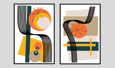 Soyut Geometrik orta çağ modern duvar sanatından iki set yapın. Geometri duvar dekorunu şekillendirir. Minimalist tasarım konsept duvar dekorasyonları. Vektör Simgelemesi.