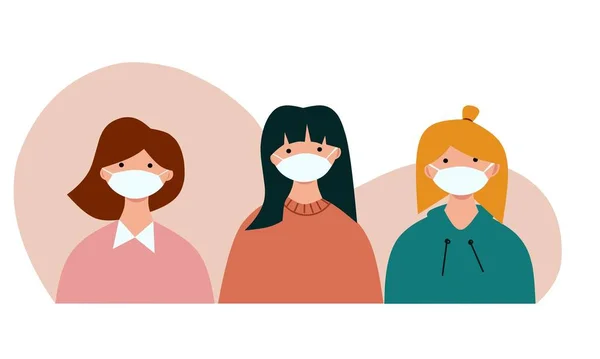 Ilustração Plana Personagem Meninas Multinacionais Usa Banner Máscara Facial — Vetor de Stock