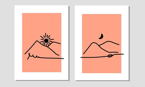 Set Two Mountains Sun Moon Wall Art Neutral Color Line — 스톡 벡터