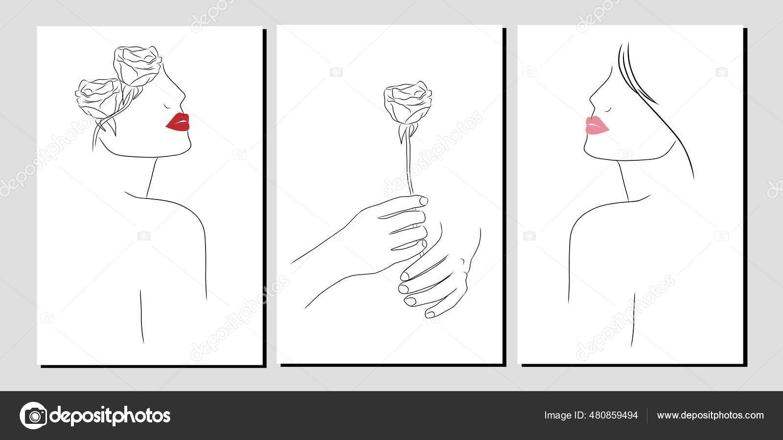 Set Three Woman Face Line Art Flowers Wall Art Minimalist Stock Vector Image by ©ulfanuraulia