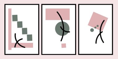 Soyut Geometrik orta yüzyıl modern duvar sanatı seti. Geometri duvar dekorunu şekillendirir. Minimalist İskandinav duvar süslemeleri. Tebrik kartları sosyal medya duvar kağıdı arkaplanı daveti.
