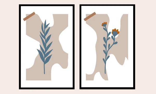 Set Dos Planta Arte Mural Decoración Pared Flores Pared Bontanical — Archivo Imágenes Vectoriales
