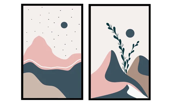 Set Deux Montagnes Lune Soleil Boho Art Mural Décor Mural — Image vectorielle