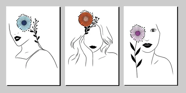 Set Drei Von Woman Face Line Art Und Blumen Wall — Stockvektor