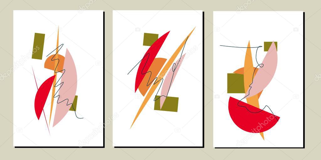 Set of abstract Geometric mid century modern wall art. Geometry shapes wall decor. Minimalist Scandinavian wall decorations. Greetings cards invitation social media wallpaper background.