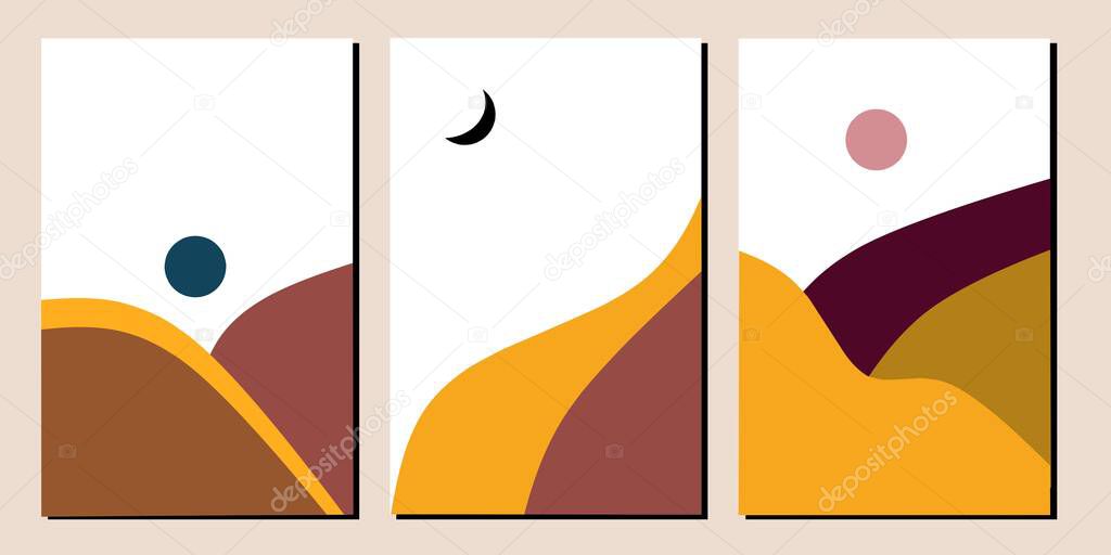 Set three of mountains moon and sun Boho wall art. Bohomian wall decor. Brown neutral color wall Decorations. Greetings cards invitation wallpaper background poster.