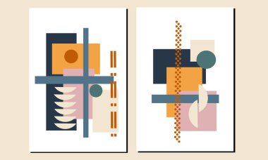 Soyut Geometrik orta çağ modern duvar sanatından iki set yapın. Geometri duvar dekorunu şekillendirir. Minimalist duvar süslemeleri. İskandinav ev dekorasyonu. Poster, duvar kağıdı ve arkaplan.