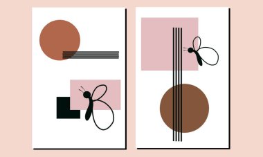 İki Kelebek ve Geometrik Duvar Sanatı seti. Boho duvar dekoru. Minimalist Geometri duvar dekorasyonları. 
