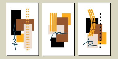 Üç tane soyut geometrik orta yüzyıl modern duvar sanatı seti. Geometri duvar dekorunu şekillendirir. Minimalist duvar süslemeleri. İskandinav ev dekorasyonu. Poster, duvar kağıdı ve arkaplan.