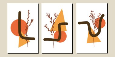 Üç tane organik şekil ve çiçek duvar sanatı ayarla. Duvar dekorunun pastel rengi. Minimalist İskandinav duvar süslemeleri