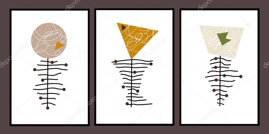 Set three of abstract Geometric mid century modern wall art. Geometry shapes wall decor. Minimalist wall Decorations. Scandinavian home Decorations. Poster, wallpaper and background.