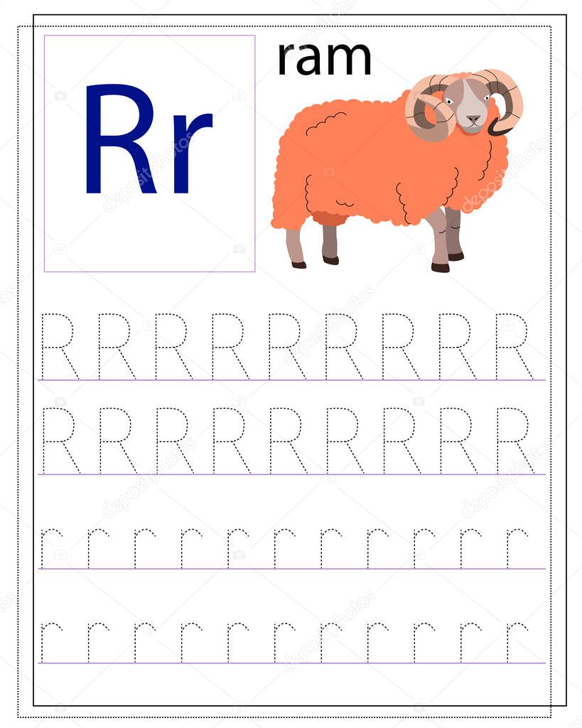 a worksheet for children with the letter r to learn the english alphabet handwriting training development of children s writing and reading skills vector image of a cartoon premium vector in