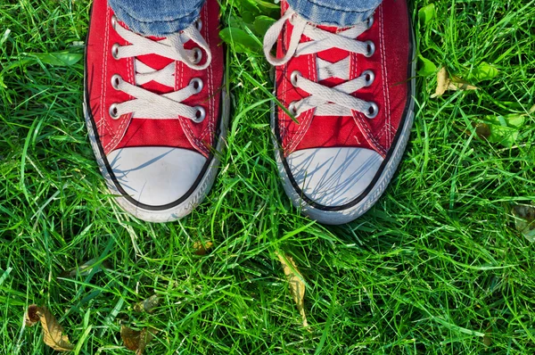Piedi in scarpe da ginnastica in erba verde — Foto Stock
