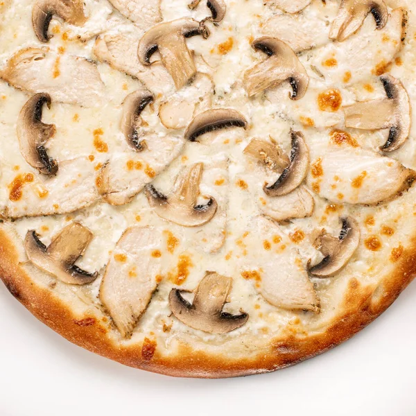 Fresh pizza with mushroom, chicken and cheese isolated on white background. Copyspace. Top view. — Stock Photo, Image